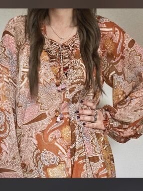 House of Harlow 1960 Paisley Lace-Up Tunic in Rust, Cream, Pink